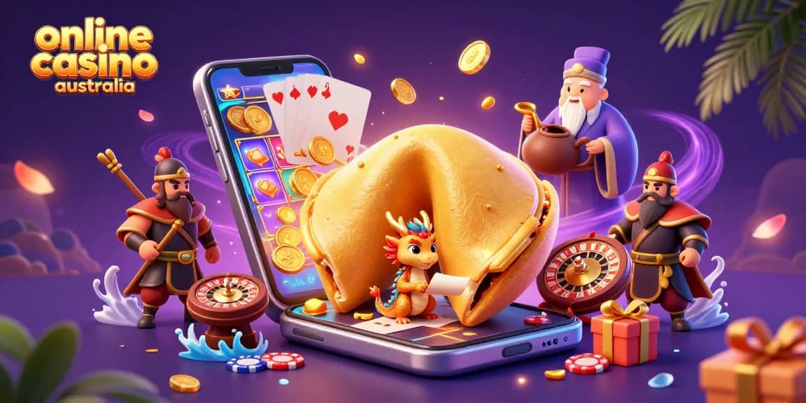 Experience excitement at online casino Australia with a dynamic scene of fortune cookies and gaming elements.