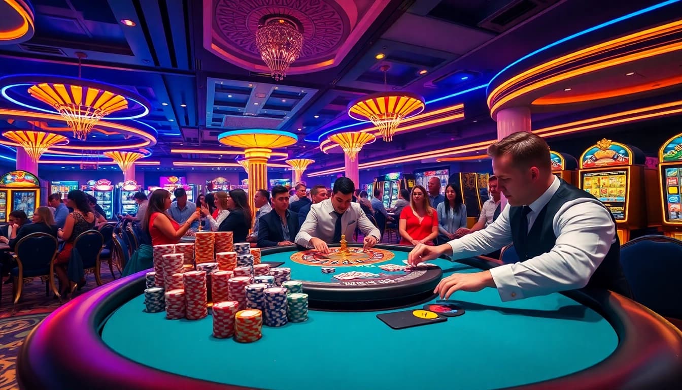 A vibrant casino scene featuring high-stakes poker and roulette, embodying the excitement of https://kk55.blue/.