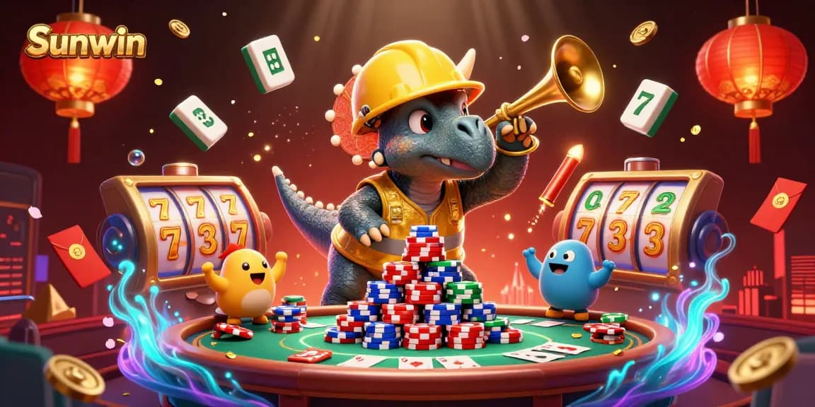 Engage with Sunwin's dynamic casino games featuring a joyful triceratops and friends celebrating with poker chips.
