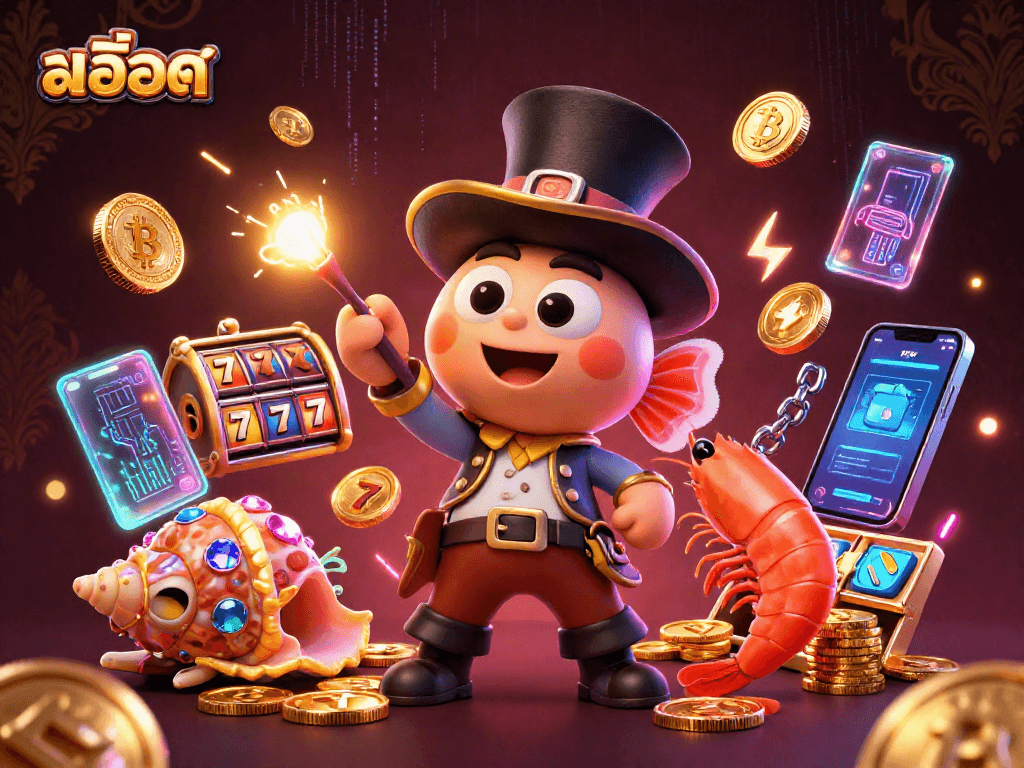 Engage in สล็อต gameplay with a vibrant illustration featuring a fishing anglerfish attracting jackpot coins.