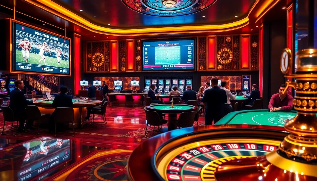 Real-time football scores enhance the excitement of sports betting at a luxurious casino.