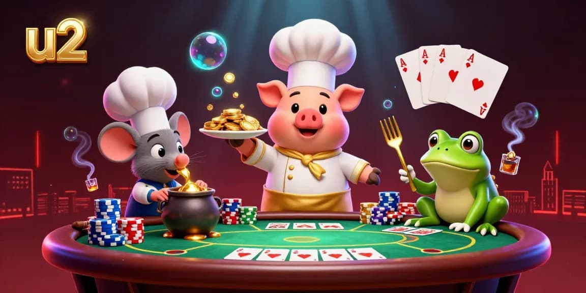 Engage with U2's vibrant casino scene featuring playful characters, poker elements, and rich gold details.