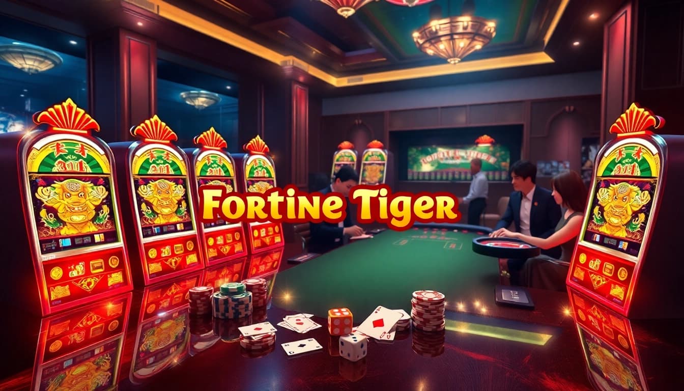 Experience the thrill of Fortune Tiger เกมยอดนิยม at a vibrant casino with slot machines and players.