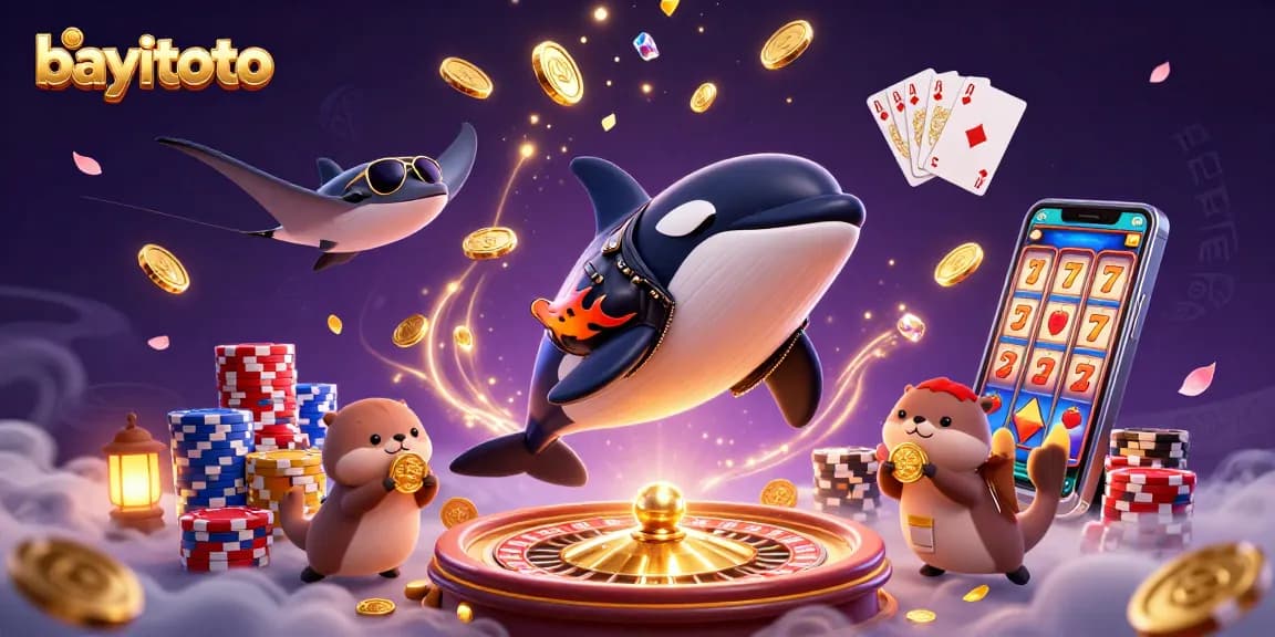 Experience the thrill of bayitoto with a dynamic casino scene featuring a jumping orca and sparkling coins.
