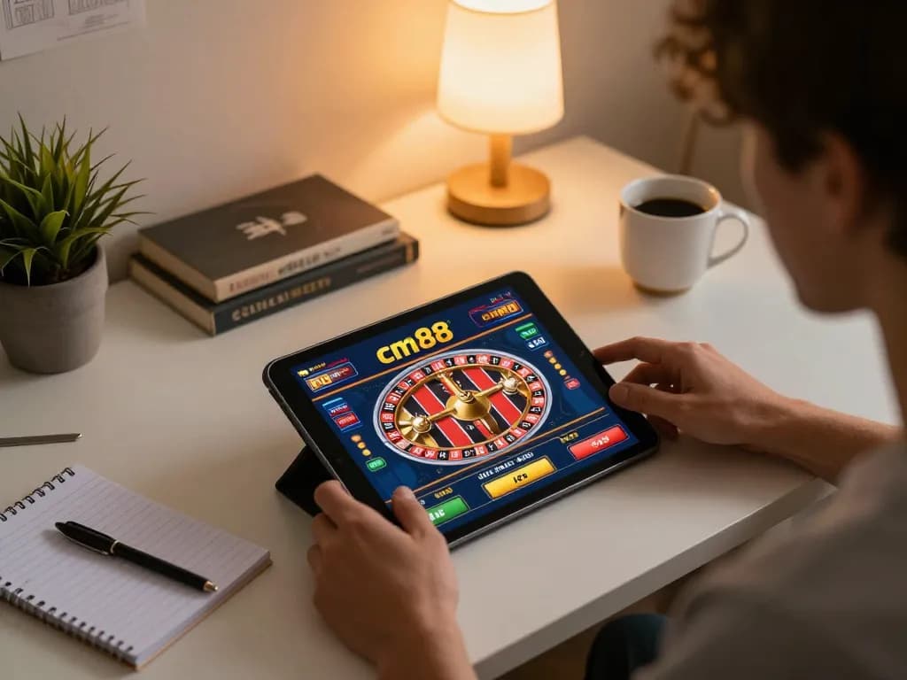 Engaging in online casino gameplay on cm88 app, capturing dynamic betting moments at home.