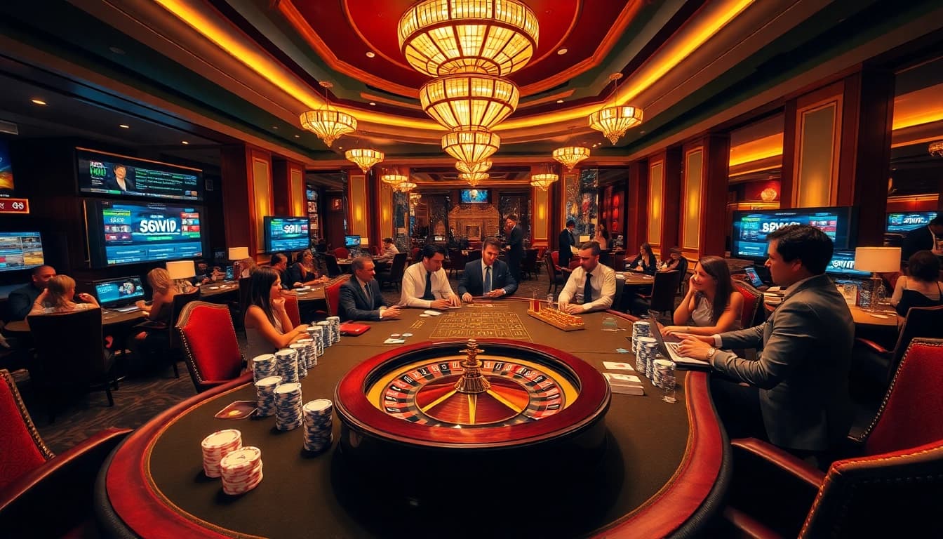 A vibrant casino scene at 68VIP.COM showcasing poker, chips, and excitement in a luxurious setting.