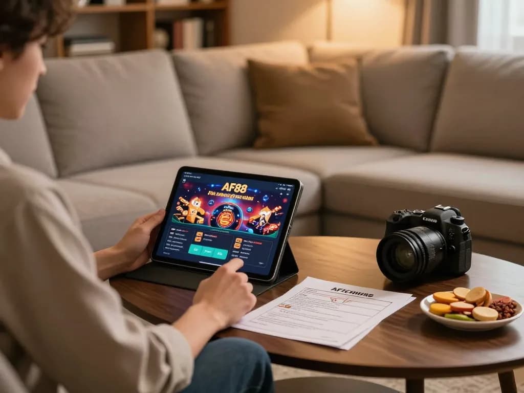 Experience AF88 gaming with a cozy online session at home using a tablet and strategy notes.