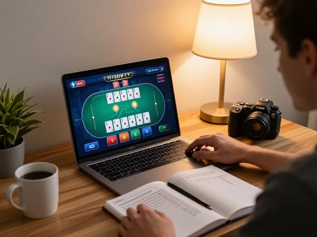 Player engaging in online poker at home, enjoying lc88 gaming with strategic notes on the table.