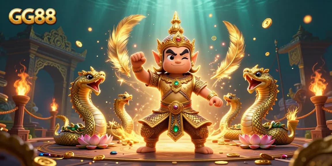 Experience thrilling action at GG88 with a vibrant 3D illustration of casino games and guardians.