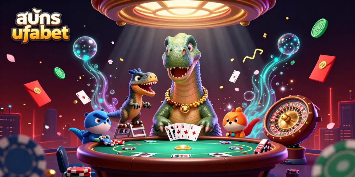 Join the fun at สมัคร ufabet with a dynamic illustration featuring a colorful casino scene.