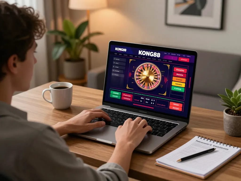 KONG88 online casino gaming with a player engaged in a live roulette game at home desk.