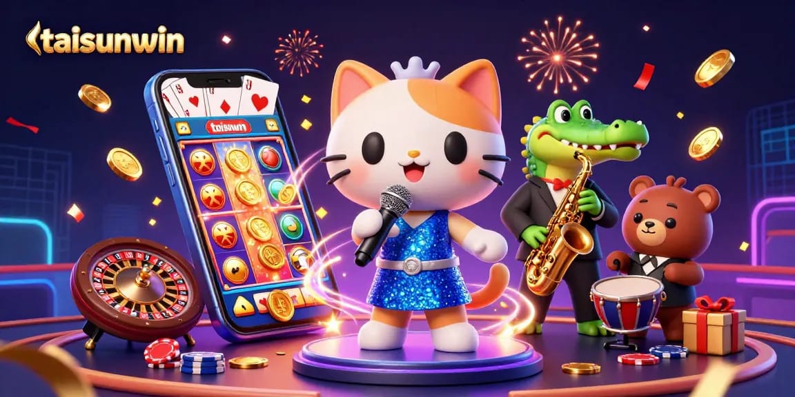 Join the fun at taisunwin with a festive casino scene featuring lively characters and vibrant game elements.