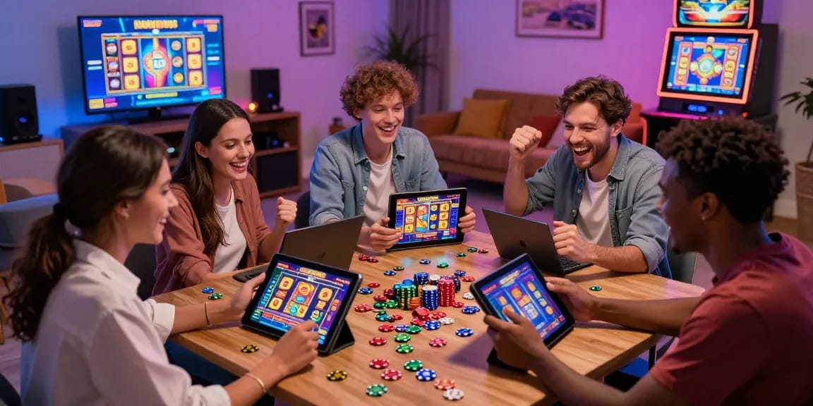 Friends enjoying digital bonus buy slots on tablets and screens during a lively gaming session.
