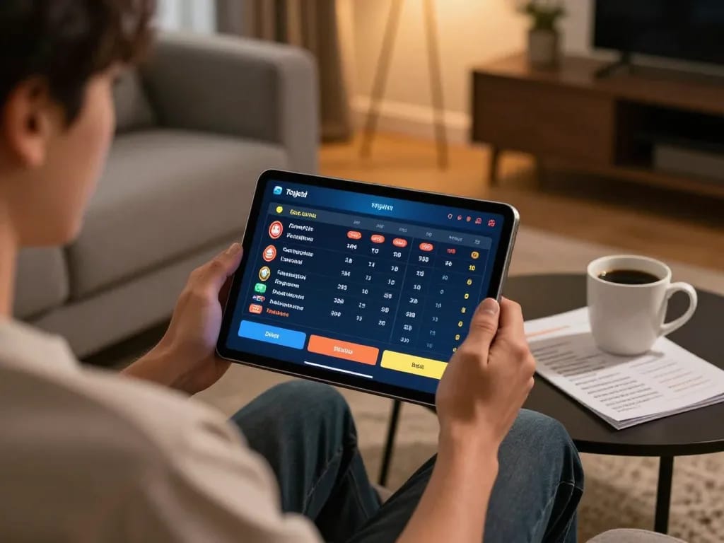 Engaging in togel online gaming on a tablet in a modern home setting.