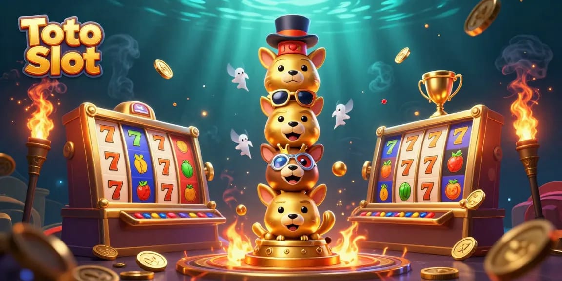 Toto Slot menggambarkan mesin slot yang berputar dengan simbol keberuntungan dan menghadirkan suasana kasino yang mewah.