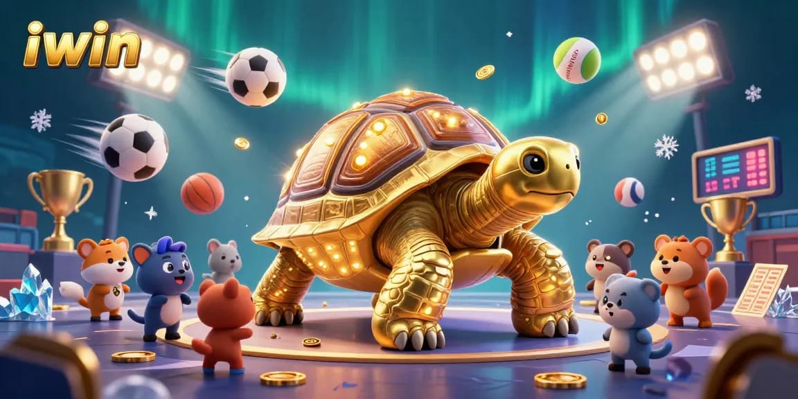 Experience exciting iwin games with a vibrant scene of a golden tortoise and animated sports elements.