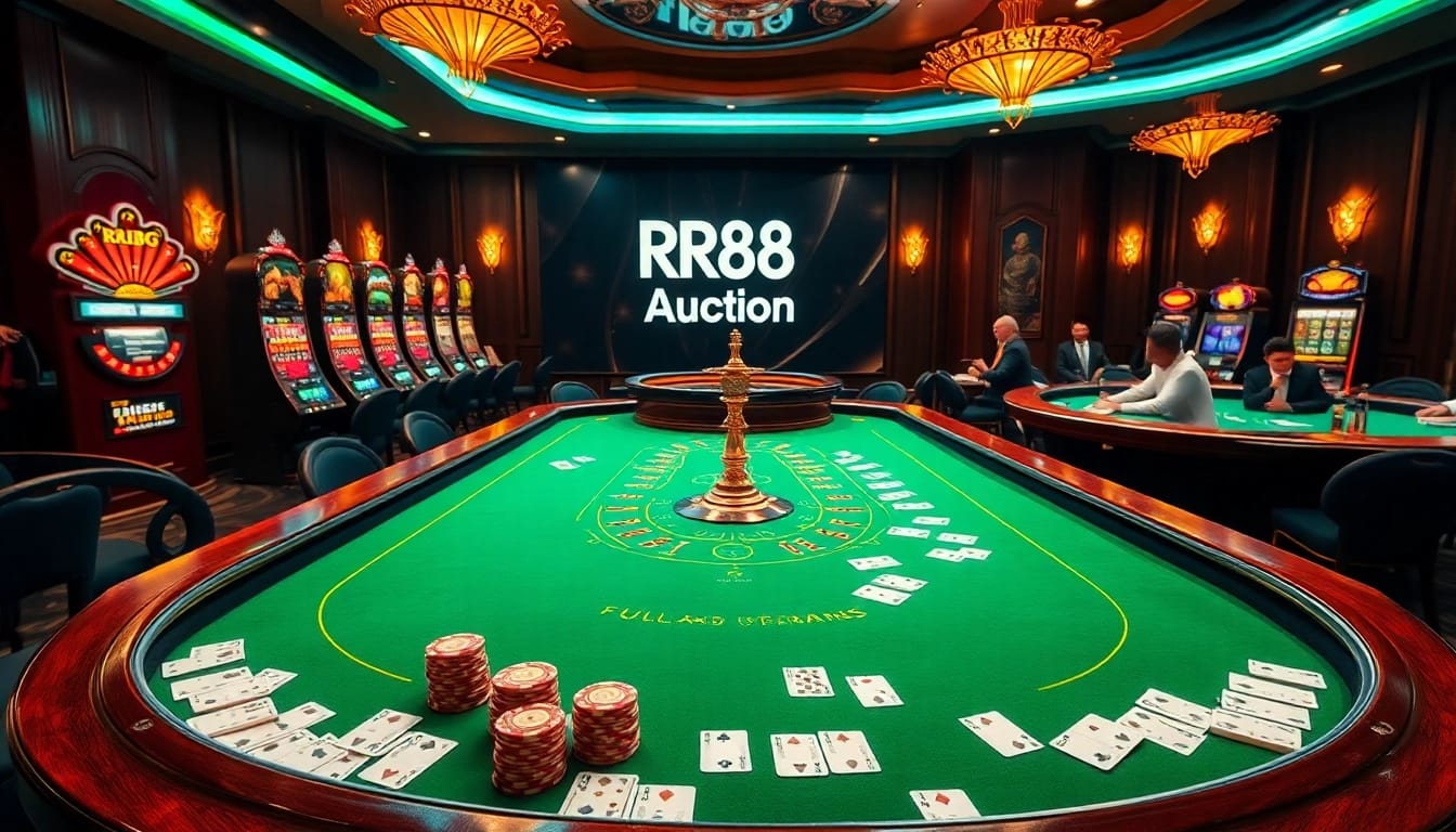 Experience thrilling games in a luxurious RR88 Auction casino setting, featuring vibrant tables and lively players.