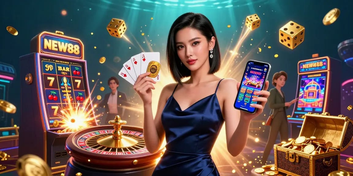 Experience winning moments at NEW88 with thrilling casino games illustrated in vibrant detail.
