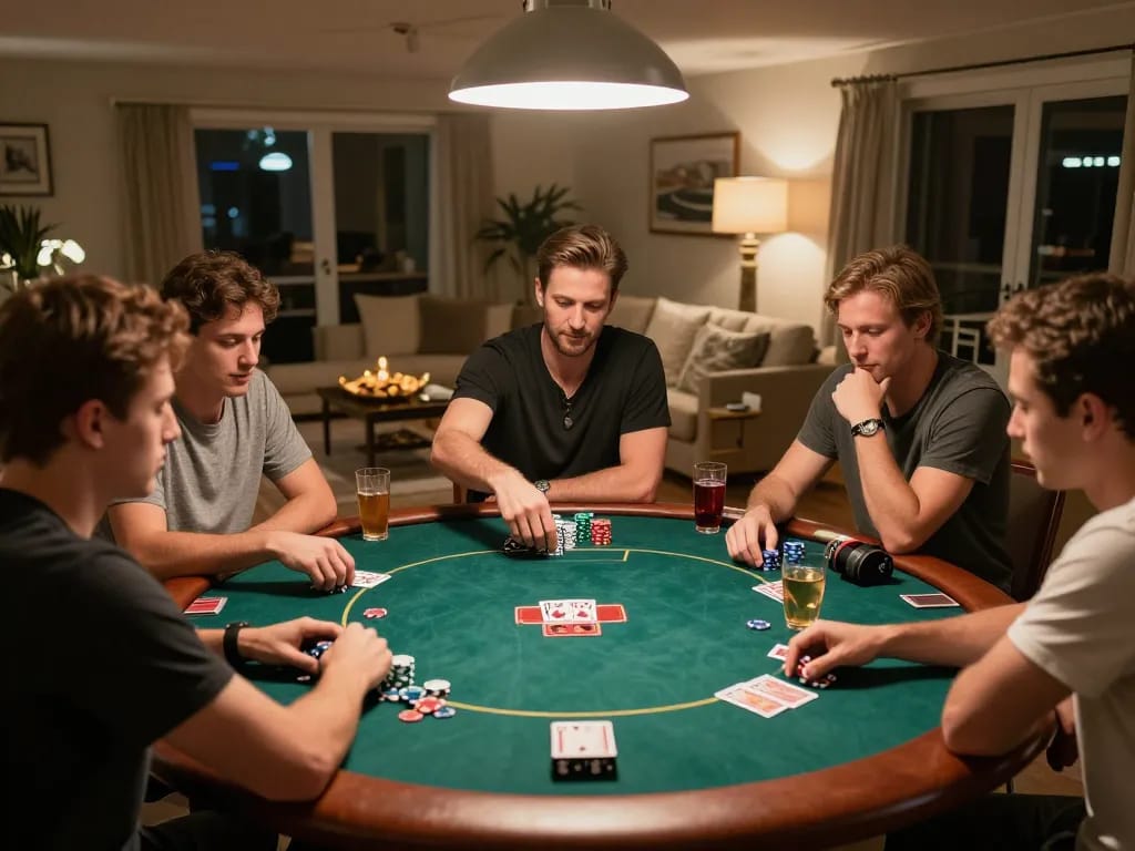 Players engaging in strategic poker gameplay at home, capturing the fun of xx88 gaming.