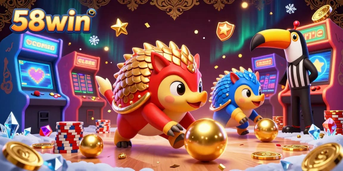 Experience the thrill of the 58win casino with rival pangolins rolling jackpot balls amid vibrant gaming elements.
