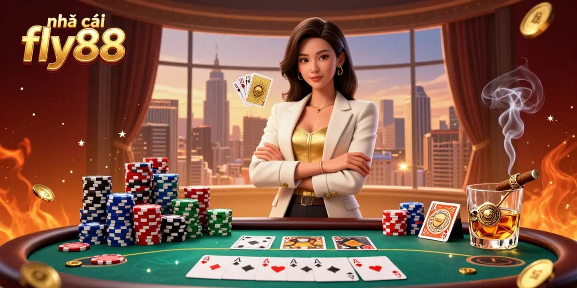 Experience the excitement at nhà cái fly88 with a glamorous Asian woman holding golden cards surrounded by dynamic poker elements.