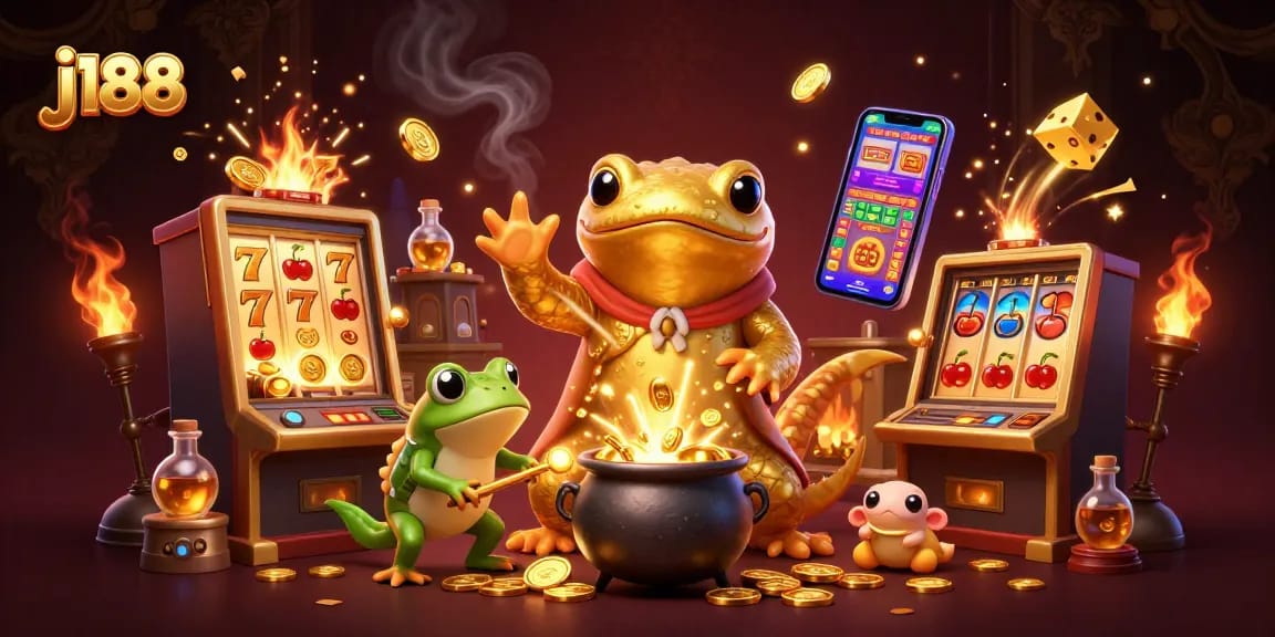 Experience the excitement of j188 with a dynamic casino scene featuring games, gold coins, and enchanting characters.