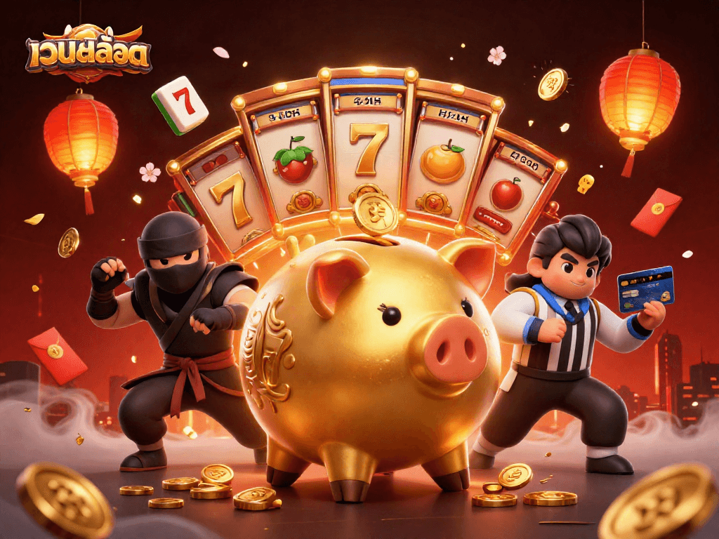 Engage with เว็บสล็อต through vibrant 3D visuals featuring a dynamic golden piggy bank summoning coins.