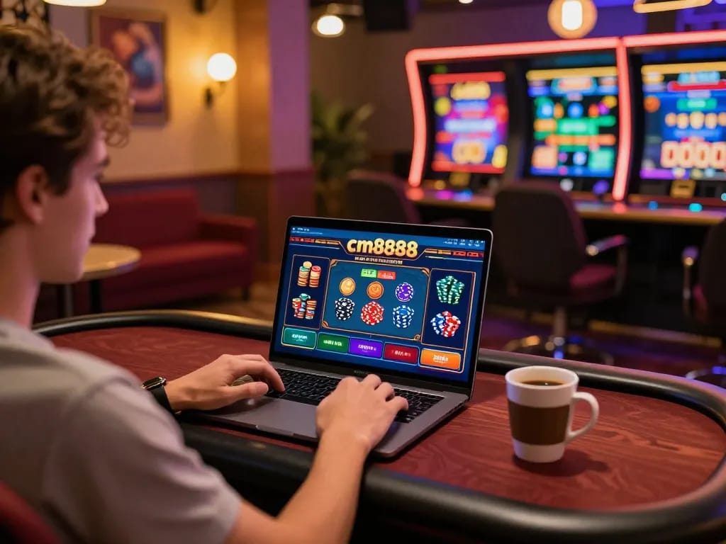 Player engaging in cm8888 online casino game, showcasing an inviting home setup with vibrant decor