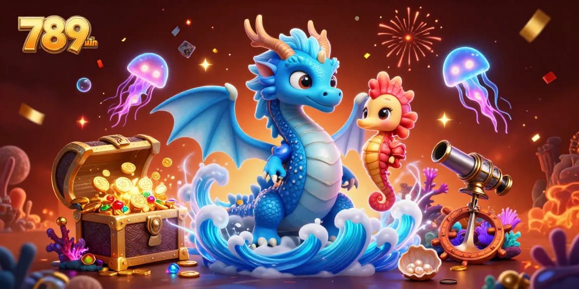 Immerse in the excitement of 789win with a vibrant underwater gaming scene featuring a dragon and seahorse.