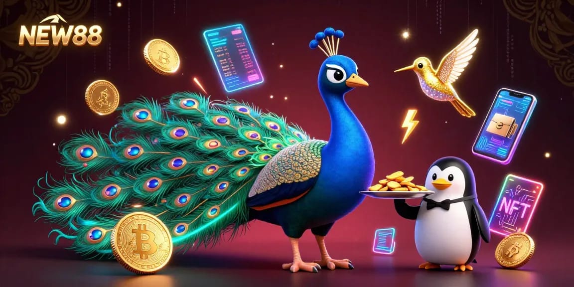 Experience the excitement of NEW88 with a dazzling peacock and captivating casino elements in this vibrant illustration.