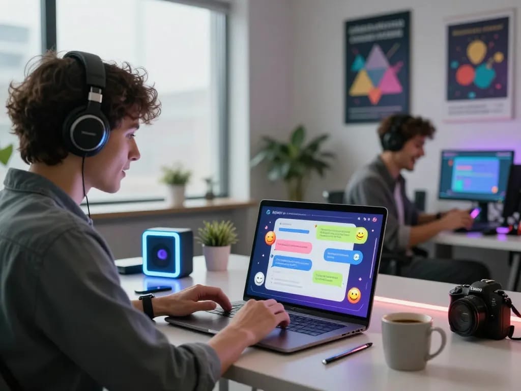 Engaging in free ai sex chat on a laptop in a modern tech workspace.