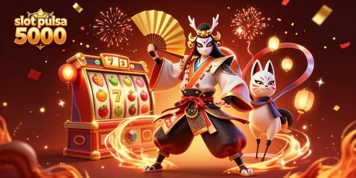 Permainan slot pulsa 5000 dengan kabuki warrior dan elemen kasino yang meriah menarik perhatian pemain.