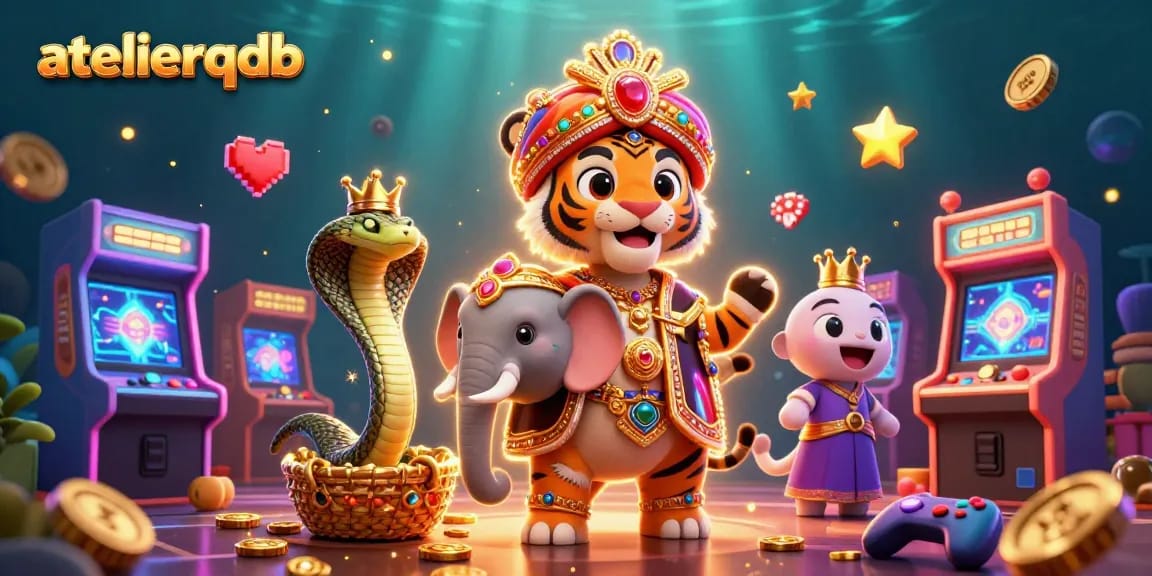 Gambarlah petualangan judi dengan karakter atelierqdb, maharaja harimau, dan simbol permainan lainnya.