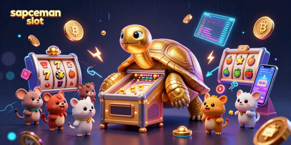 Play the exciting sapceman slot with vibrant characters and crypto elements in this dynamic casino scene.