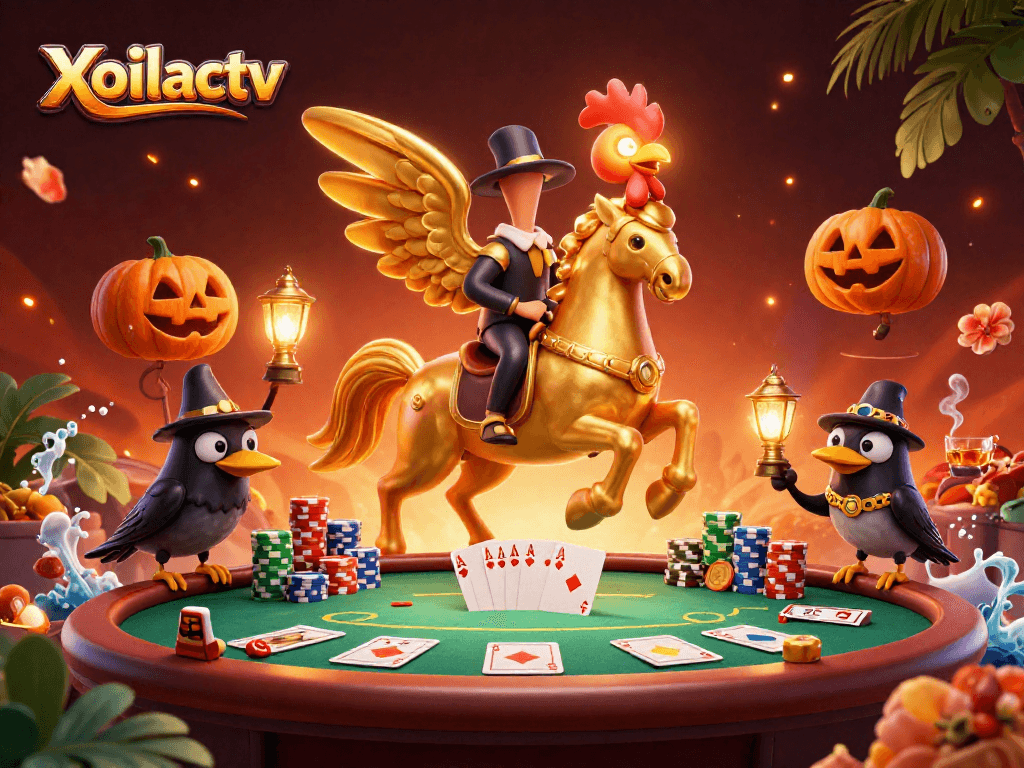 Xoilactv showcases a golden rooster headless horseman in a vibrant casino scene with poker elements.