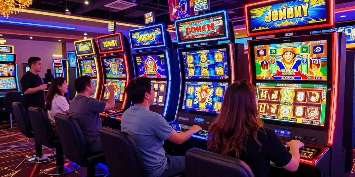 Players enjoying bonus buy slots at a lively casino with vibrant machines and neon lights.