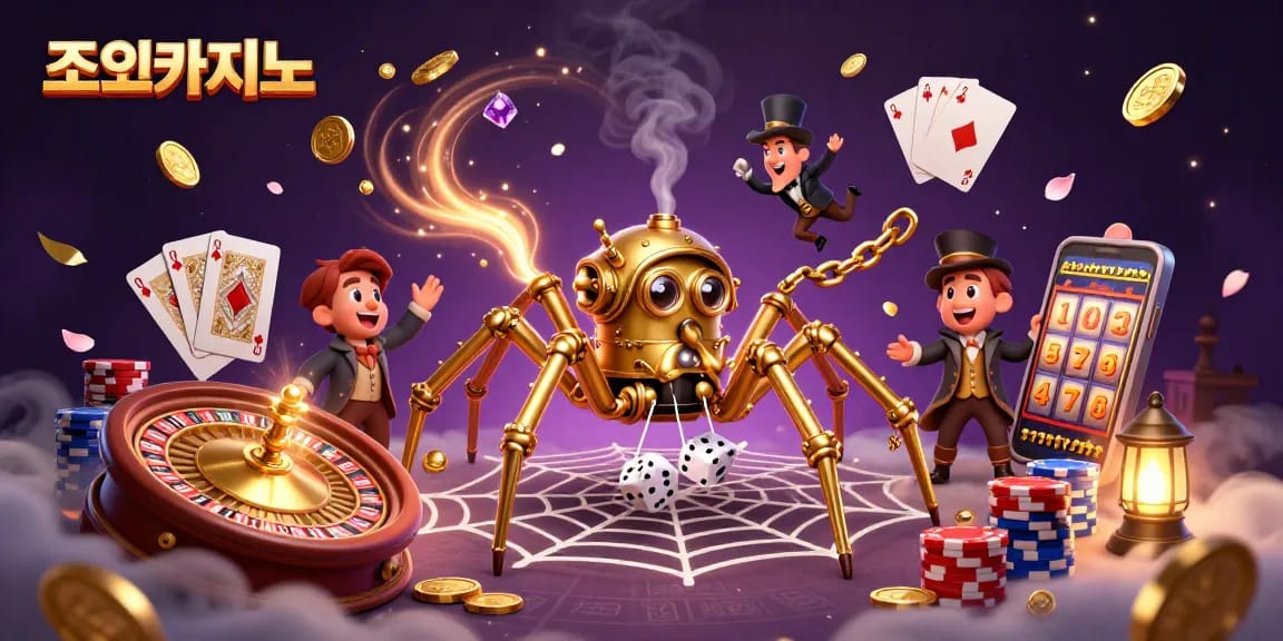Experience the excitement of 조이카지노 with a 3D steampunk spider capturing dice in a vibrant casino scene.