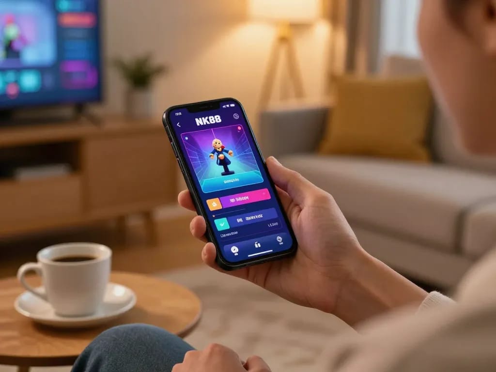 Engaging with the NK88 mobile app for online betting in a cozy living space.