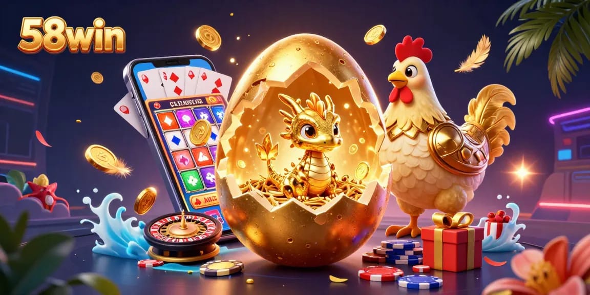 Experience thrilling gaming at 58win with a sparkling scene of a golden dragon and casino elements.