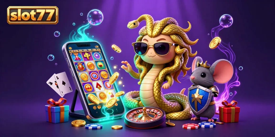 Engage with slot777's thrilling slot games, featuring Medusa and rich casino elements in a colorful scene.