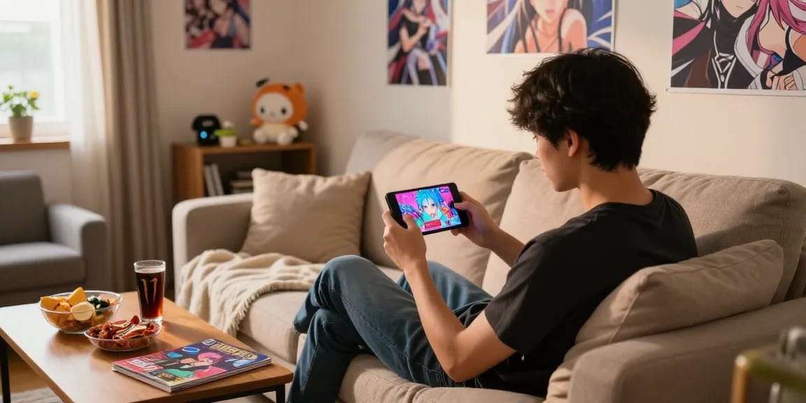 Engaged young adult playing mobile hentai games in a cozy living room, vibrant anime art on screen.