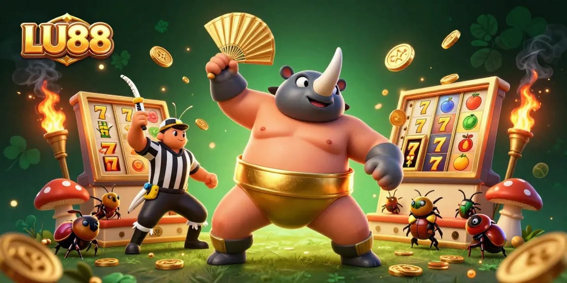 LU88 slot champion stomps coins as beetle spectators cheer amidst a vibrant casino scene