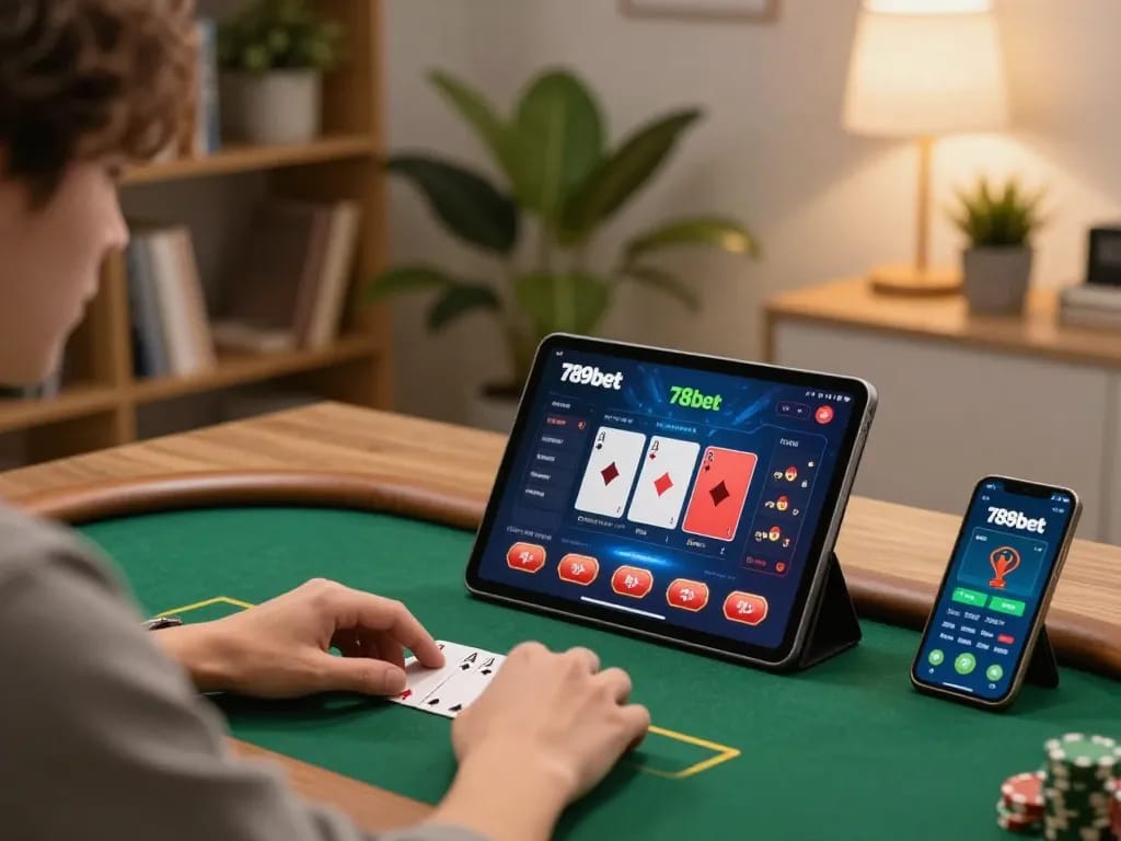 Engaged player strategizing poker on 789bet app in cozy home setup