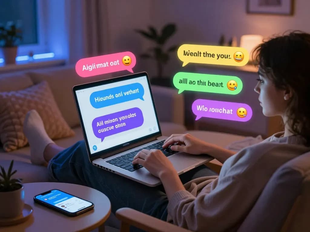 Engaging free ai sex chat on modern laptop in intimate, colorful room setting.