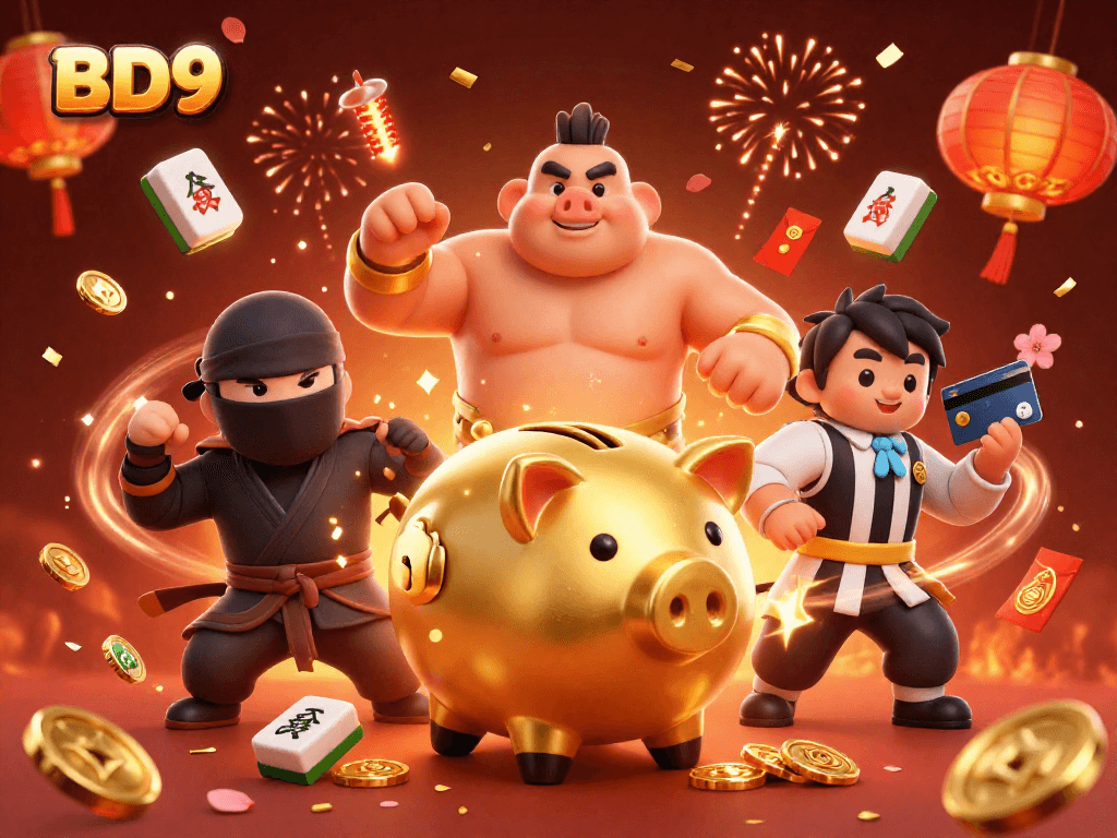 Experience thrilling gameplay at BD9 with lively animation of a golden piggy bank sumo wrestler.