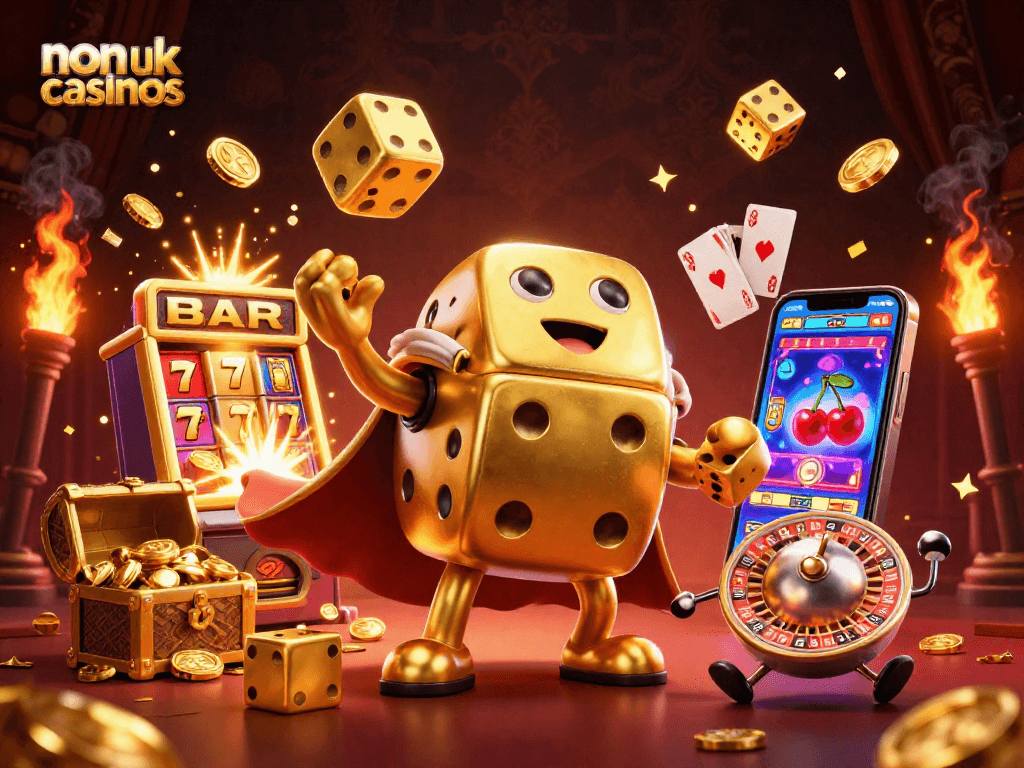 Experience the thrill of non uk casinos with a dynamic scene of golden dice and a jackpot explosion.