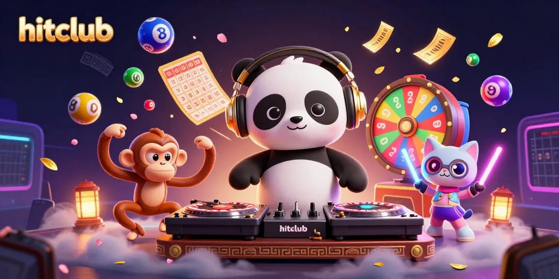 Engage in hitclub activities with vibrant 3D scene of DJ panda, dancing monkey, and glow-stick kitten.