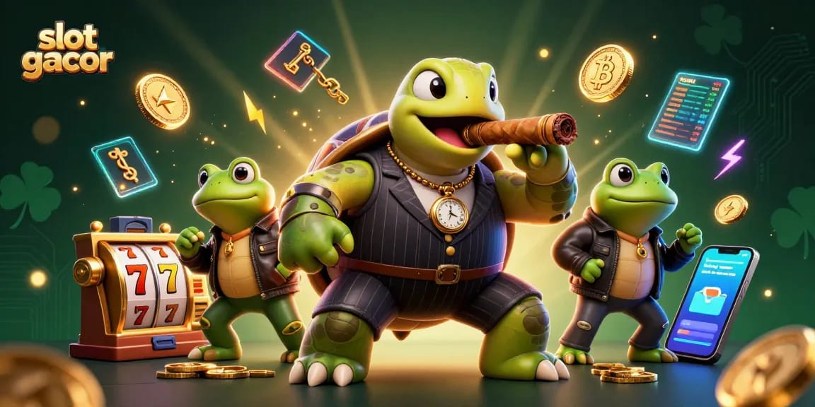 Slot gacor menarik perhatian melalui ilustrasi warna-warni, dengan simbol jackpot dan karakter unik.