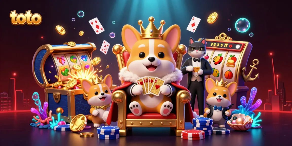 Play exciting toto slot games with corgi royalty surrounded by vibrant casino elements.