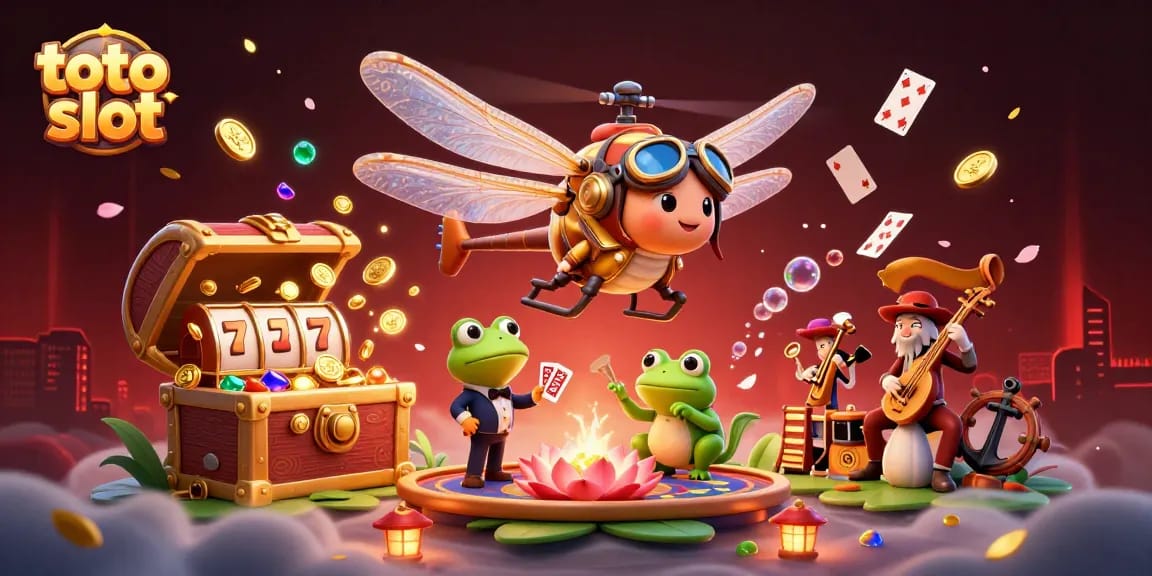 Engage with toto slot gameplay featuring a dragonfly pilot and frog croupier in a vibrant casino scene.